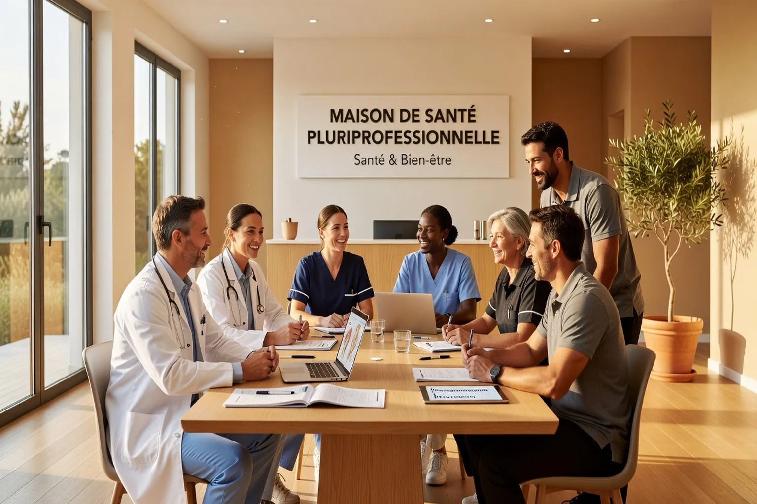 Équipe pluriprofessionnelle de santé dans une maison de santé moderne